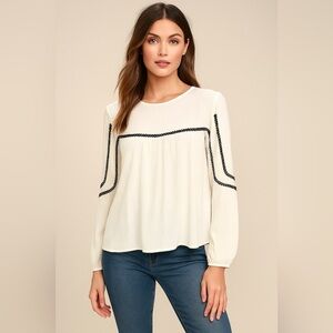 Les Petites Paris White Peasant Blouse with Black Pom Pom Trim, Size Small